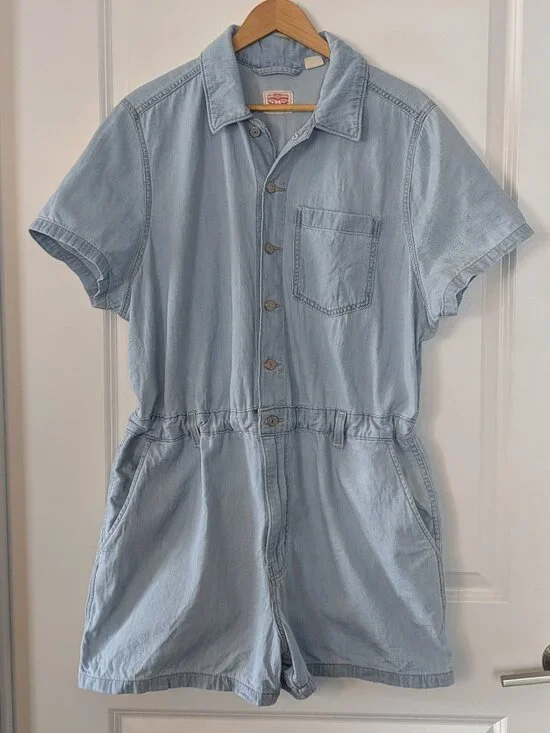 Levis Heritage Romper Women's XXL Blue Light Wash Short Sleeve Cinch Belt Loops - Picture 9 of 15